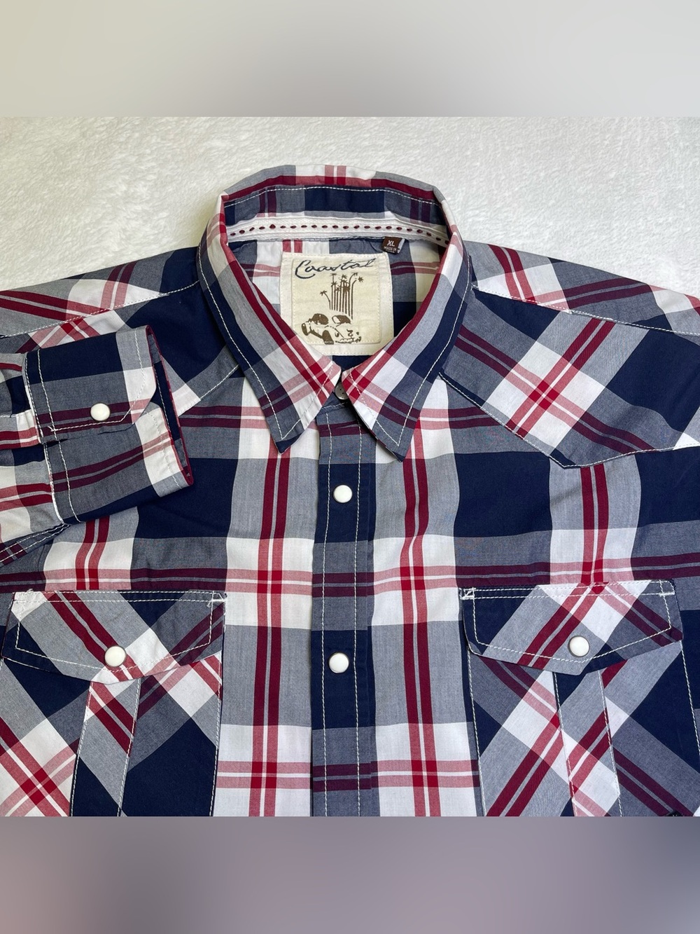 Coastal Mens Pearl Snap Long Sleeve Western Plaid Shirt Size XL Blue Red White